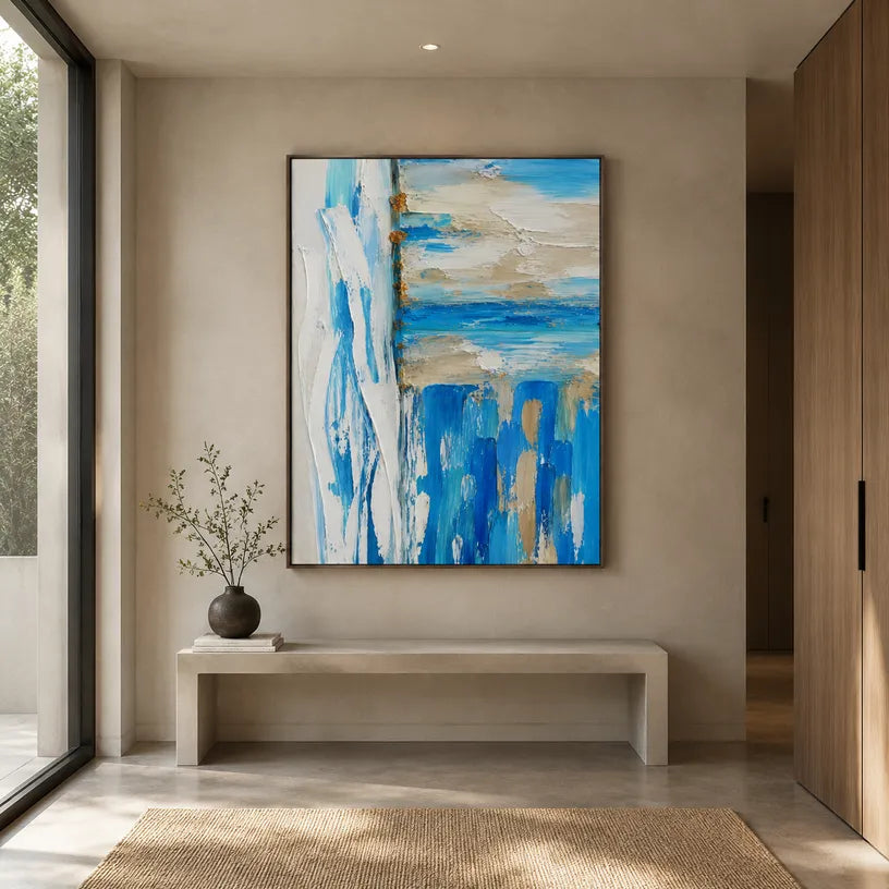 Plaster & Texture abstract oil painting showing layered abstract marks, texture and expressive painterly movement in a blue palette.
