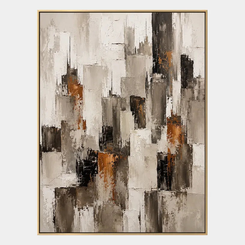 Plaster & Texture abstract oil painting showing layered abstract marks, texture and expressive painterly movement in a brown palette.