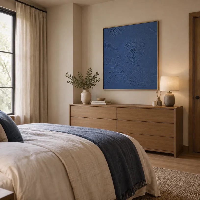 Plaster & Texture abstract oil painting showing layered abstract marks, texture and expressive painterly movement in a blue palette.