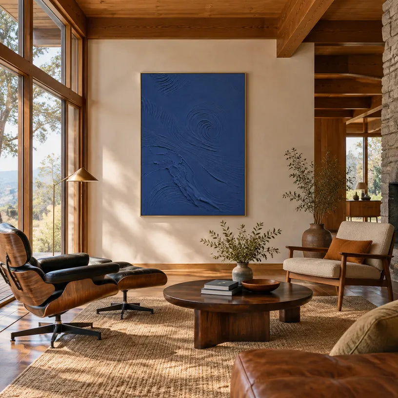 Plaster & Texture abstract oil painting showing layered abstract marks, texture and expressive painterly movement in a blue palette.