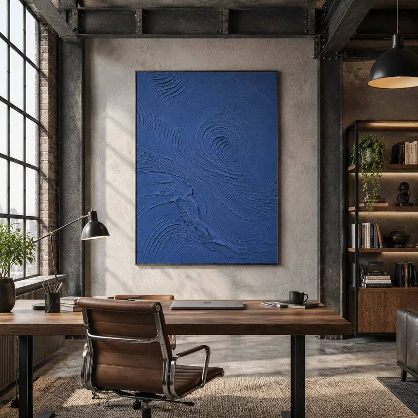 Plaster & Texture abstract oil painting showing layered abstract marks, texture and expressive painterly movement in a blue palette.