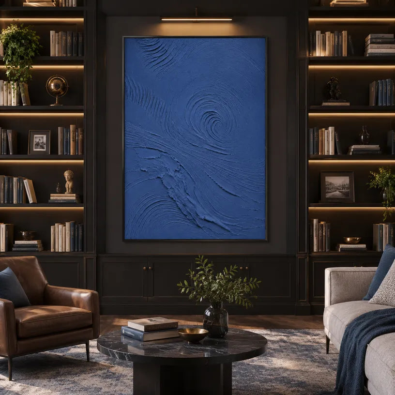 Plaster & Texture abstract oil painting showing layered abstract marks, texture and expressive painterly movement in a blue palette.