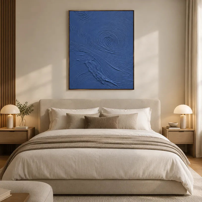 Plaster & Texture abstract oil painting showing layered abstract marks, texture and expressive painterly movement in a blue palette.