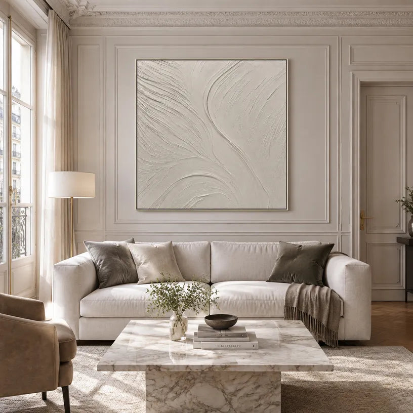 Plaster & Texture abstract oil painting showing layered abstract marks, texture and expressive painterly movement in a grey palette.