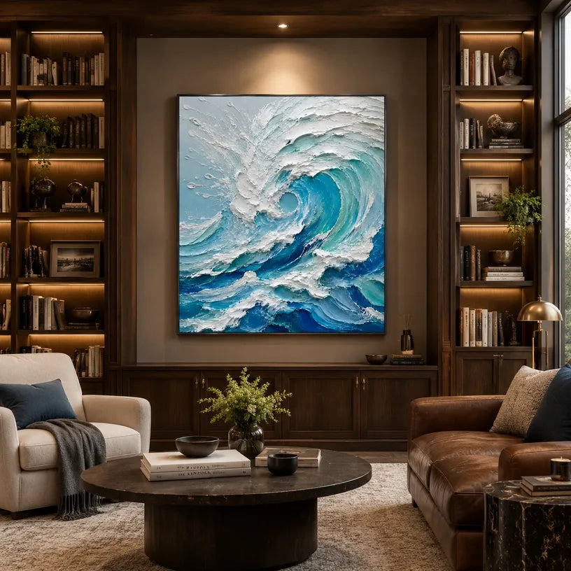 Plaster & Texture abstract oil painting showing layered abstract marks, texture and expressive painterly movement in a blue palette.