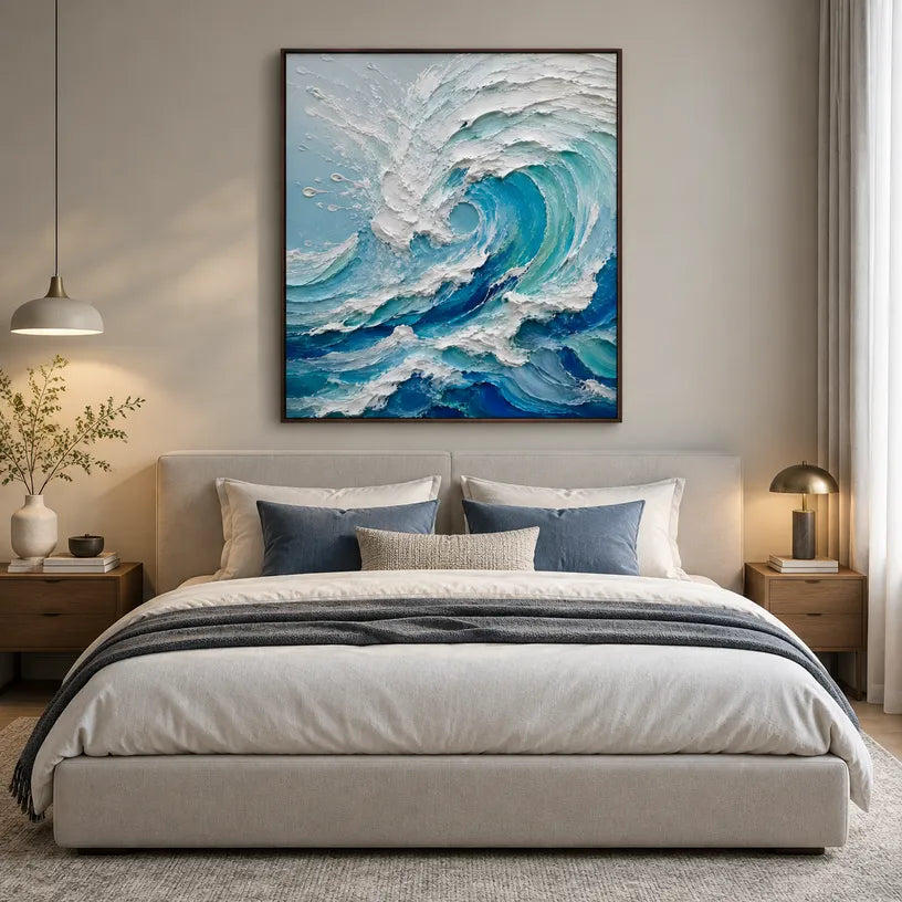 Plaster & Texture abstract oil painting showing layered abstract marks, texture and expressive painterly movement in a blue palette.