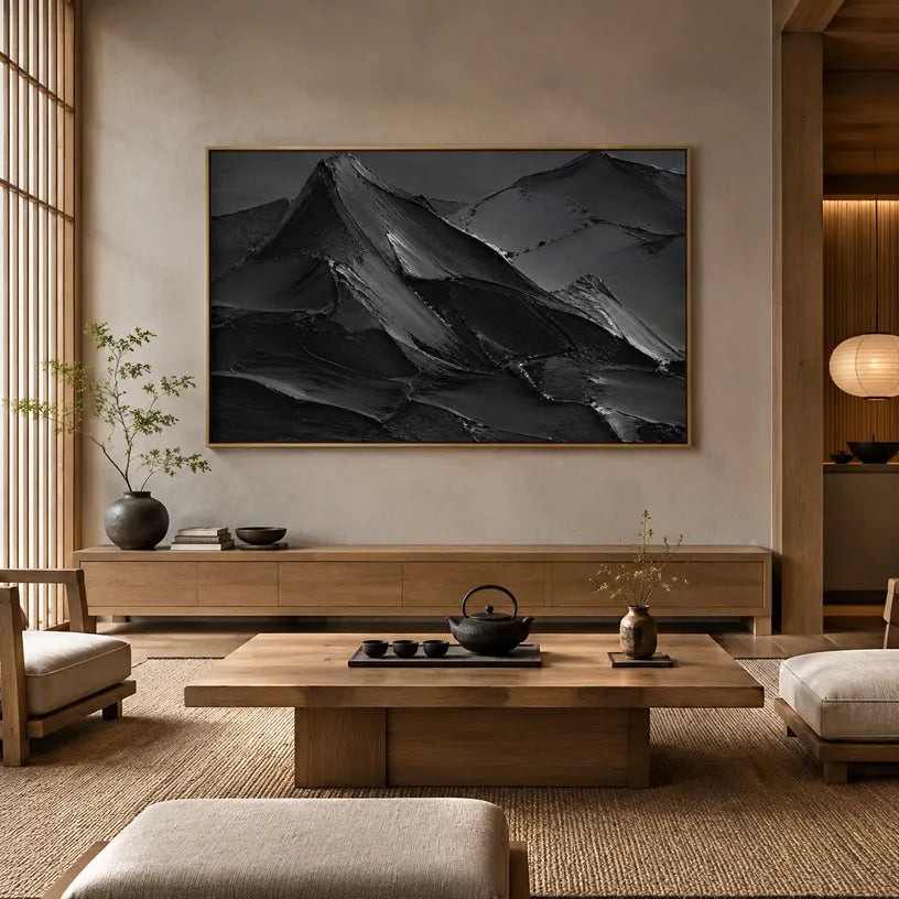 Plaster & Texture abstract oil painting showing layered abstract marks, texture and expressive painterly movement in a black palette.