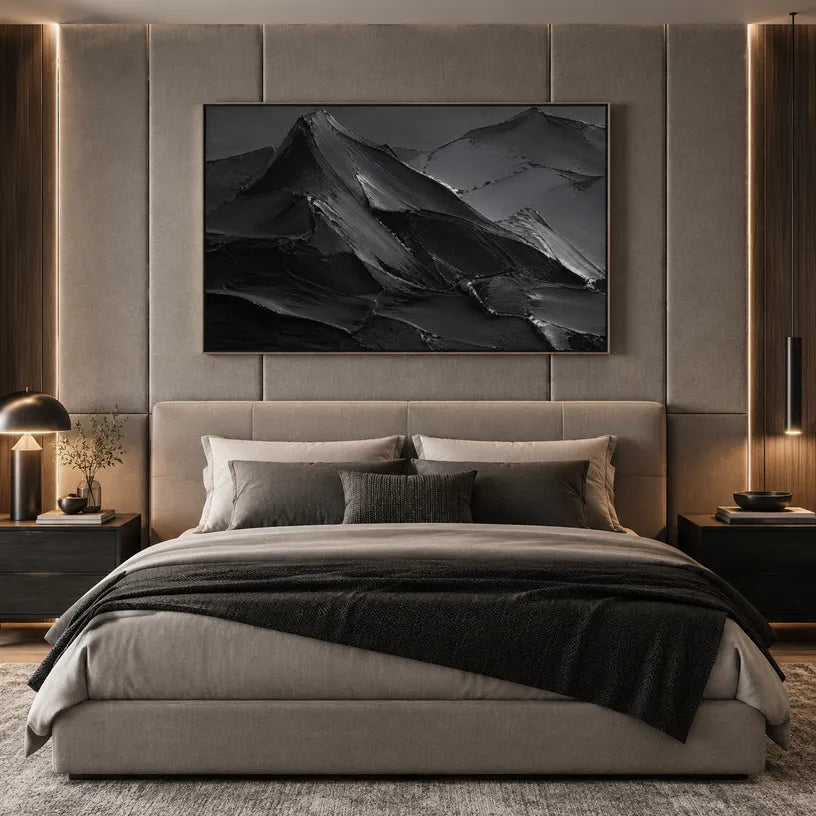 Plaster & Texture abstract oil painting showing layered abstract marks, texture and expressive painterly movement in a black palette.