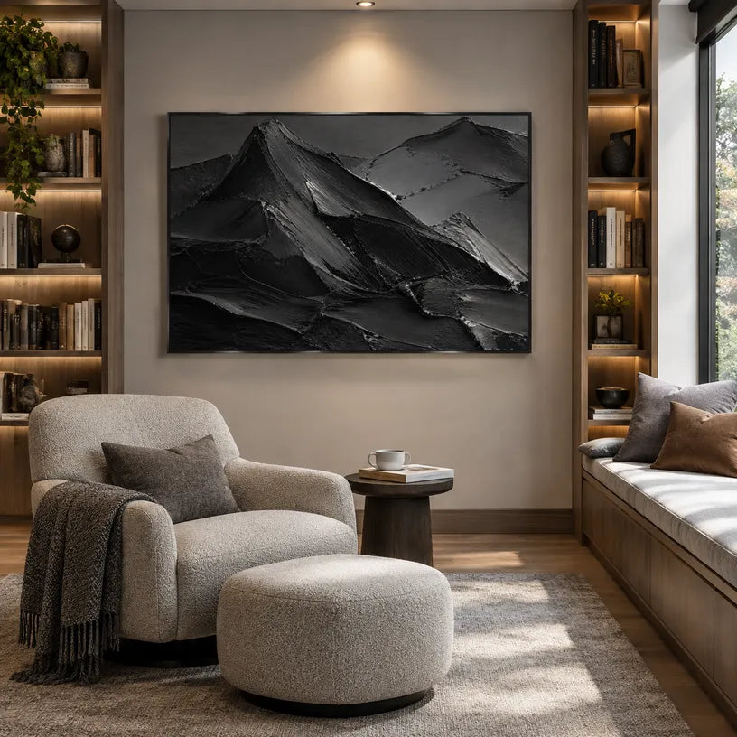 Plaster & Texture abstract oil painting showing layered abstract marks, texture and expressive painterly movement in a black palette.