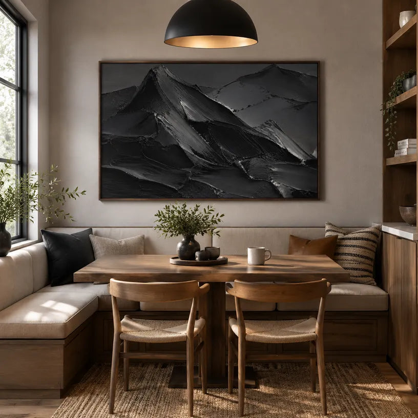 Plaster & Texture abstract oil painting showing layered abstract marks, texture and expressive painterly movement in a black palette.