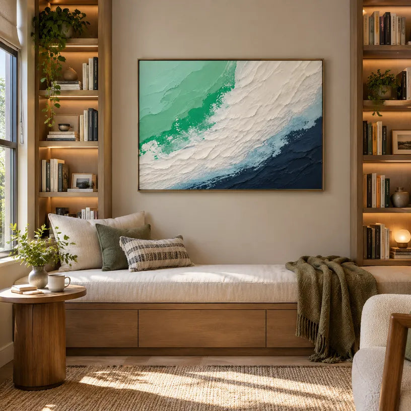 Plaster & Texture abstract oil painting showing layered abstract marks, texture and expressive painterly movement in a green palette.