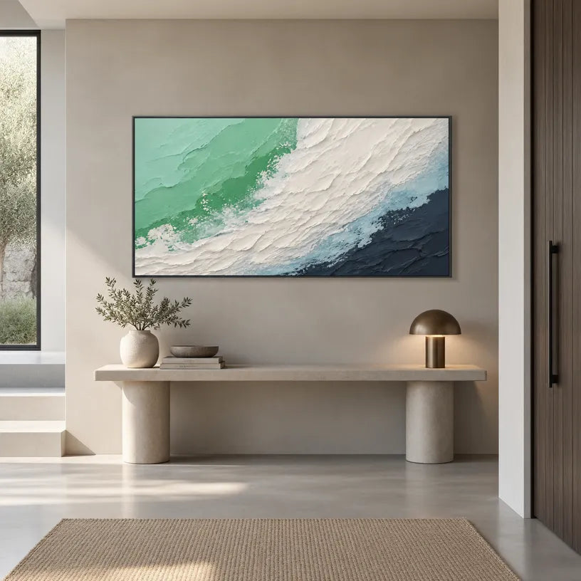 Plaster & Texture abstract oil painting showing layered abstract marks, texture and expressive painterly movement in a green palette.