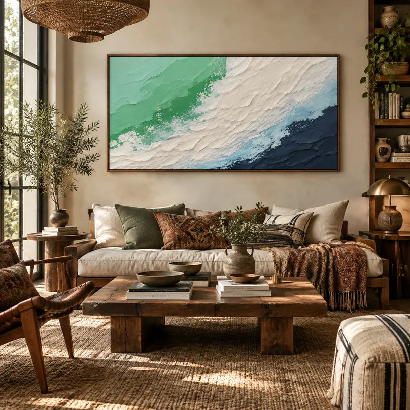 Plaster & Texture abstract oil painting showing layered abstract marks, texture and expressive painterly movement in a green palette.
