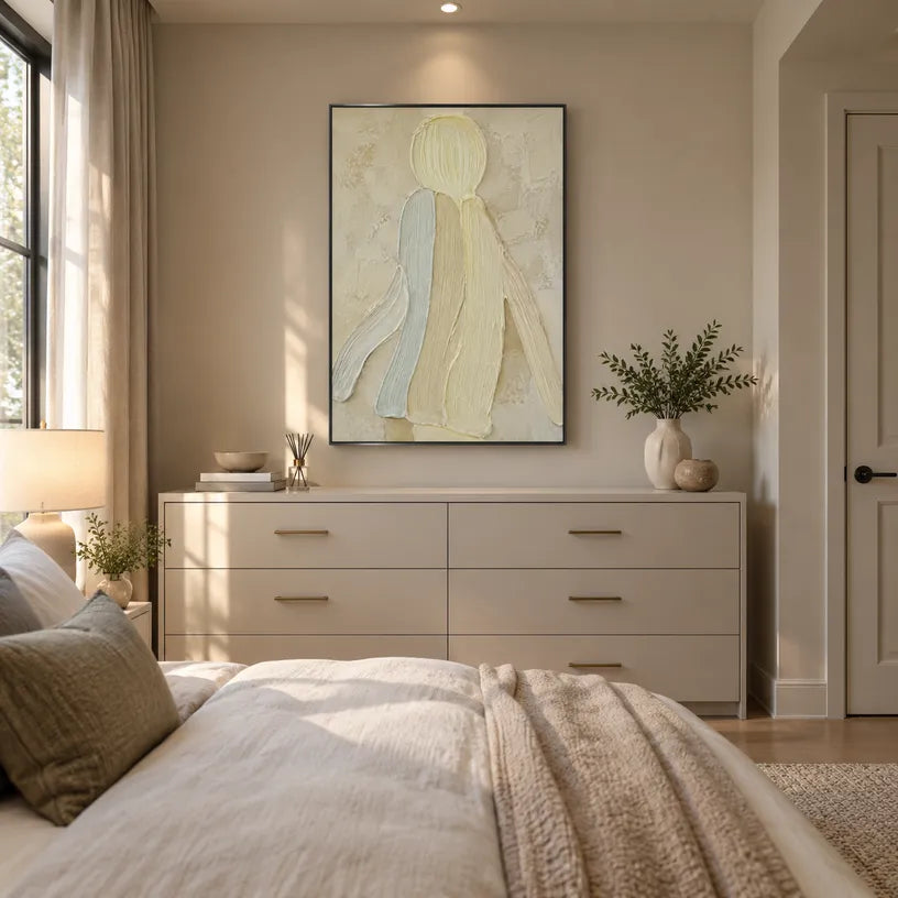 Plaster & Texture abstract oil painting showing layered abstract marks, texture and expressive painterly movement in a yellow palette.