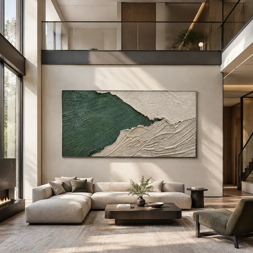 Plaster & Texture abstract oil painting showing layered abstract marks, texture and expressive painterly movement in a green palette.