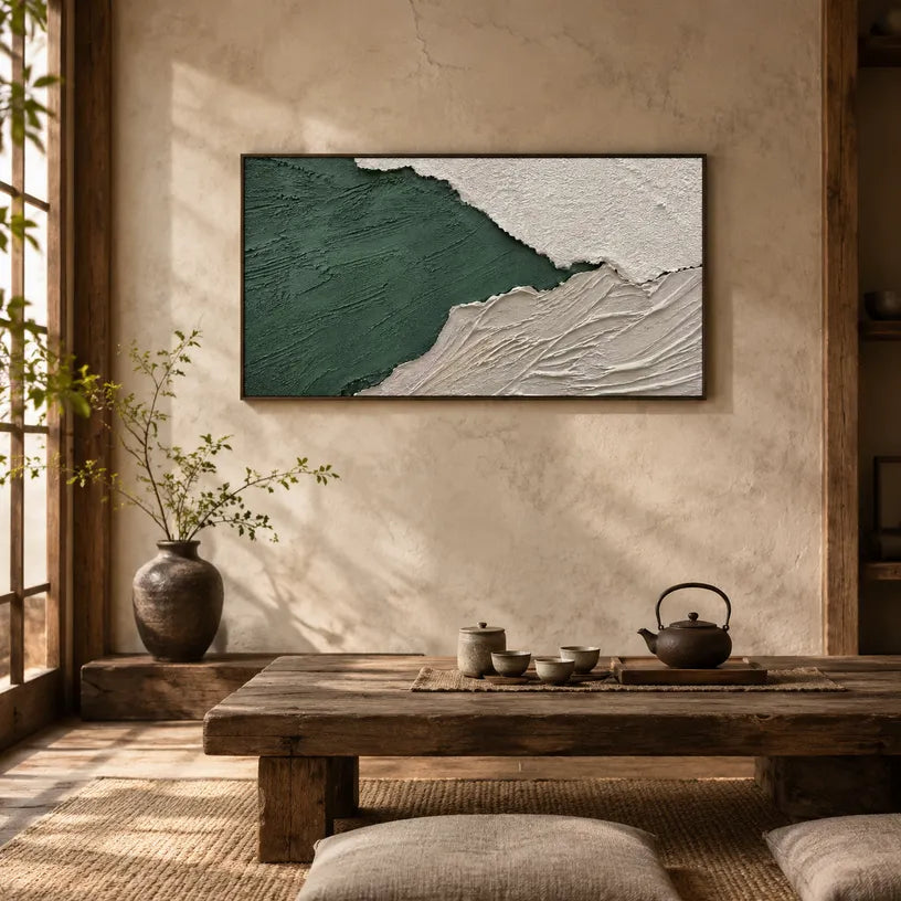 Plaster & Texture abstract oil painting showing layered abstract marks, texture and expressive painterly movement in a green palette.