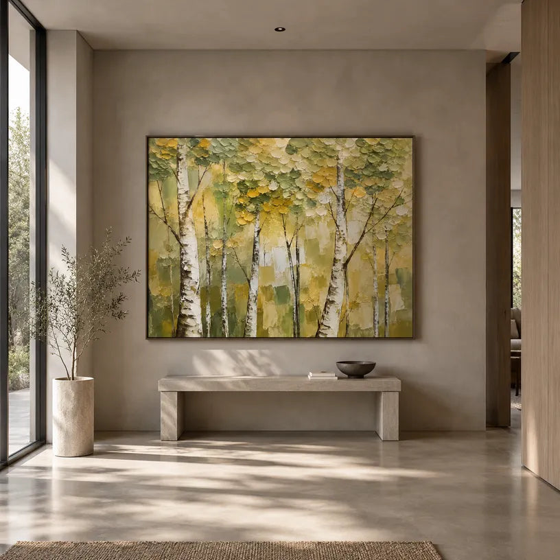 Plaster & Texture abstract oil painting showing layered abstract marks, texture and expressive painterly movement in a yellow palette.