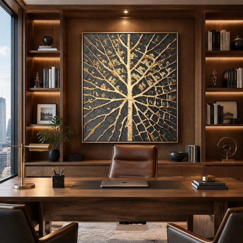 Plaster & Texture abstract oil painting showing layered abstract marks, texture and expressive painterly movement in a brown palette.