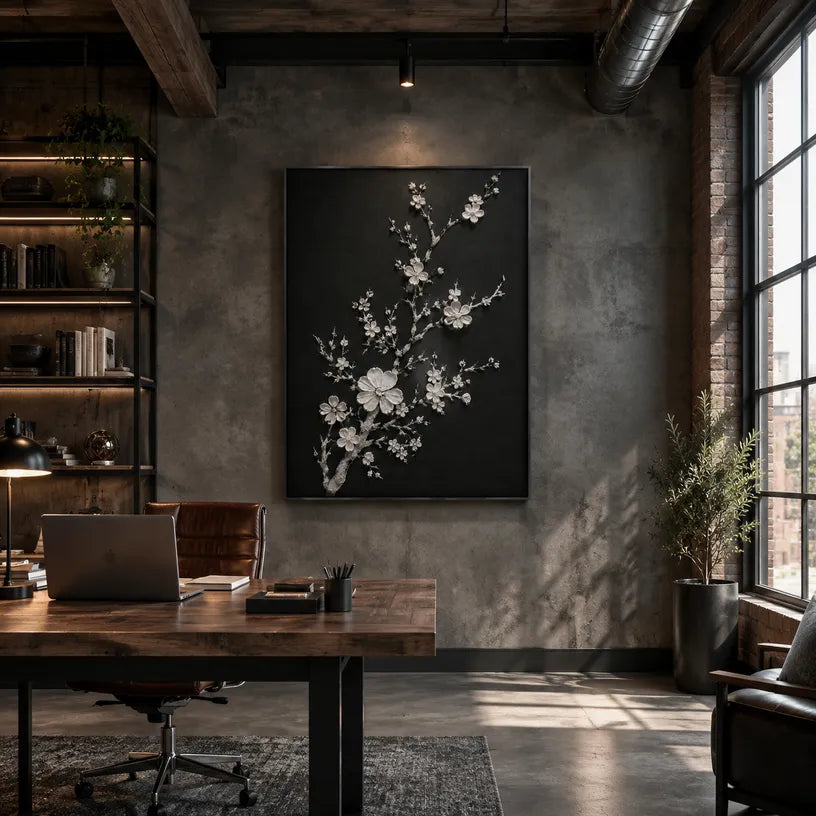 Plaster & Texture abstract oil painting showing layered abstract marks, texture and expressive painterly movement in a black palette.