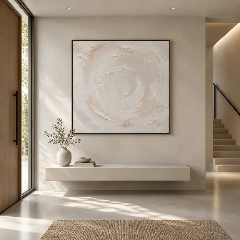 Plaster & Texture abstract oil painting showing layered abstract marks, texture and expressive painterly movement in a grey palette.
