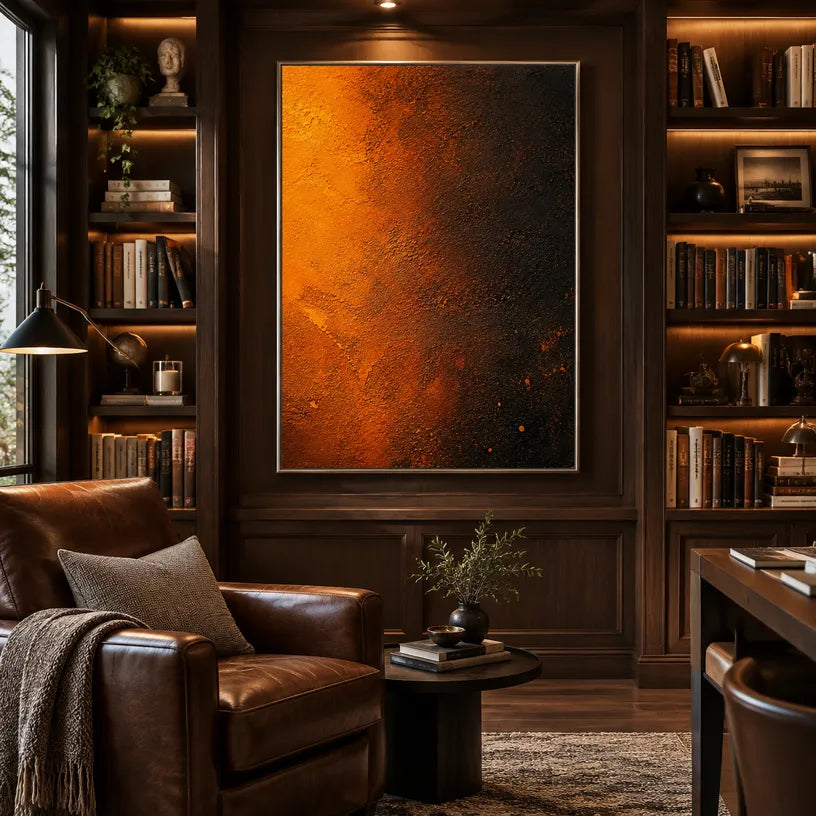 Plaster & Texture abstract oil painting showing layered abstract marks, texture and expressive painterly movement in a orange palette.