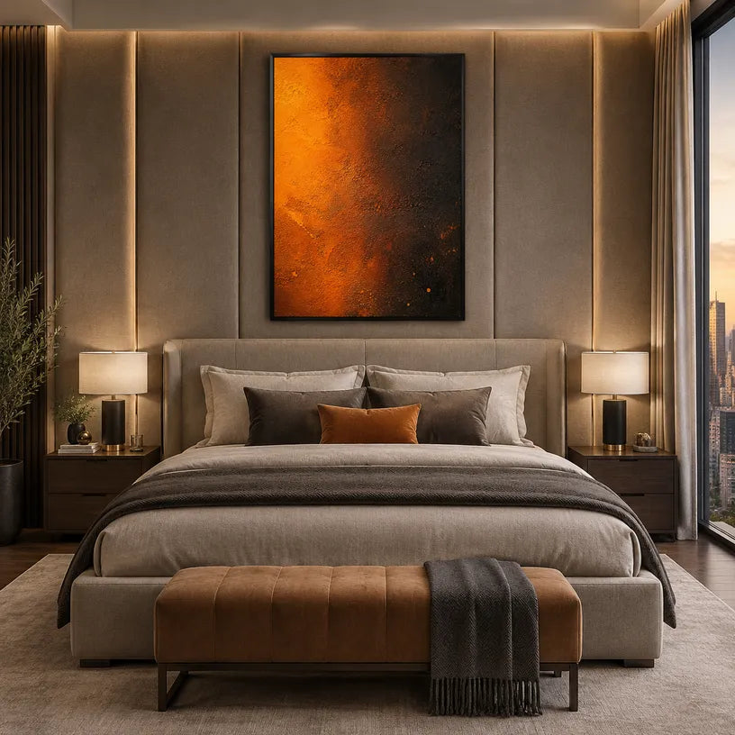 Plaster & Texture abstract oil painting showing layered abstract marks, texture and expressive painterly movement in a orange palette.