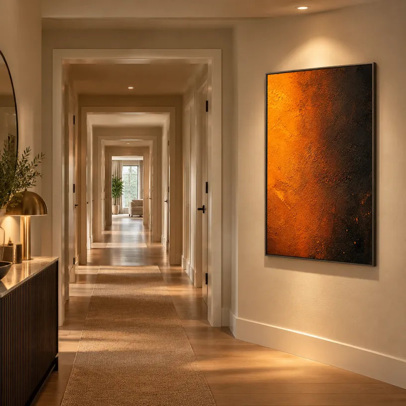 Plaster & Texture abstract oil painting showing layered abstract marks, texture and expressive painterly movement in a orange palette.