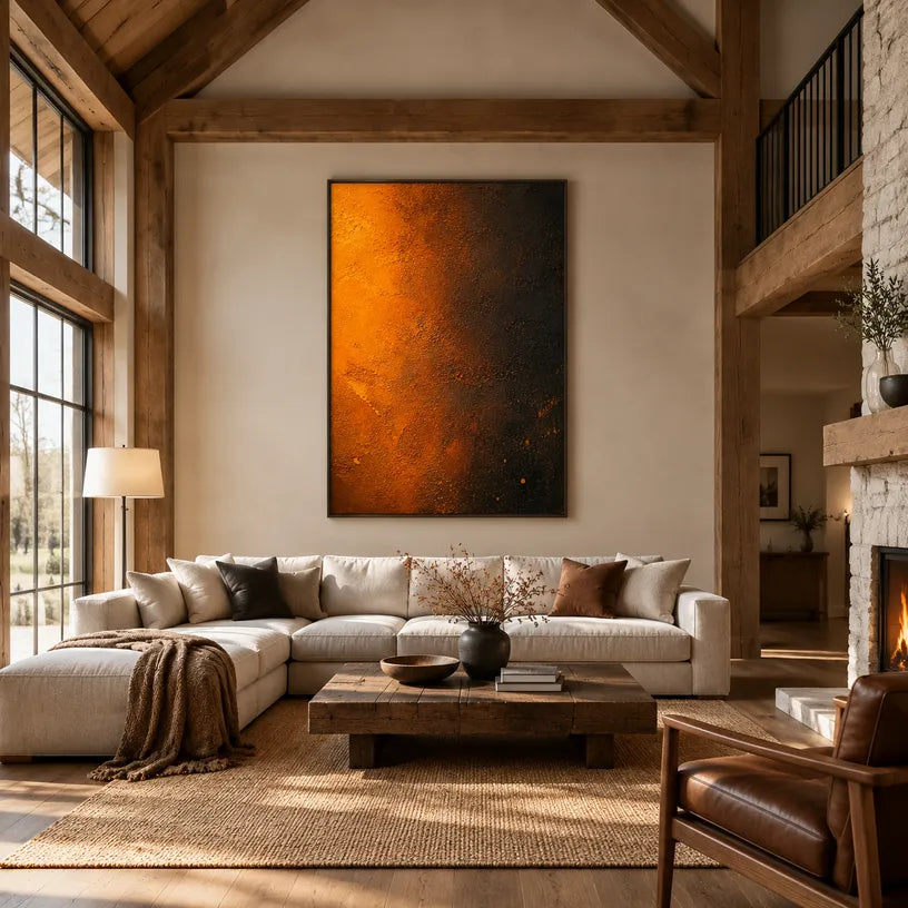 Plaster & Texture abstract oil painting showing layered abstract marks, texture and expressive painterly movement in a orange palette.
