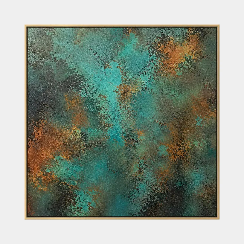 Plaster & Texture abstract oil painting showing layered abstract marks, texture and expressive painterly movement in a green palette.