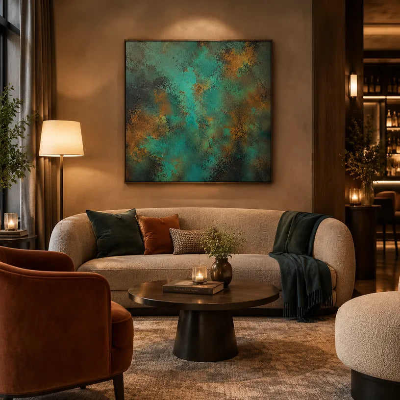 Plaster & Texture abstract oil painting showing layered abstract marks, texture and expressive painterly movement in a green palette.