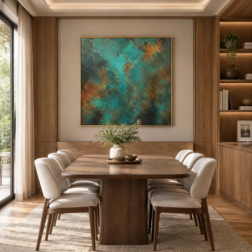 Plaster & Texture abstract oil painting showing layered abstract marks, texture and expressive painterly movement in a green palette.