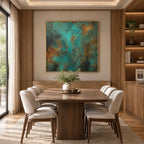 Plaster & Texture abstract oil painting showing layered abstract marks, texture and expressive painterly movement in a green palette.