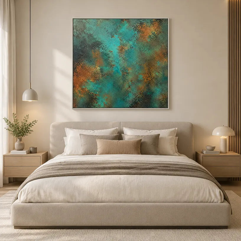 Plaster & Texture abstract oil painting showing layered abstract marks, texture and expressive painterly movement in a green palette.
