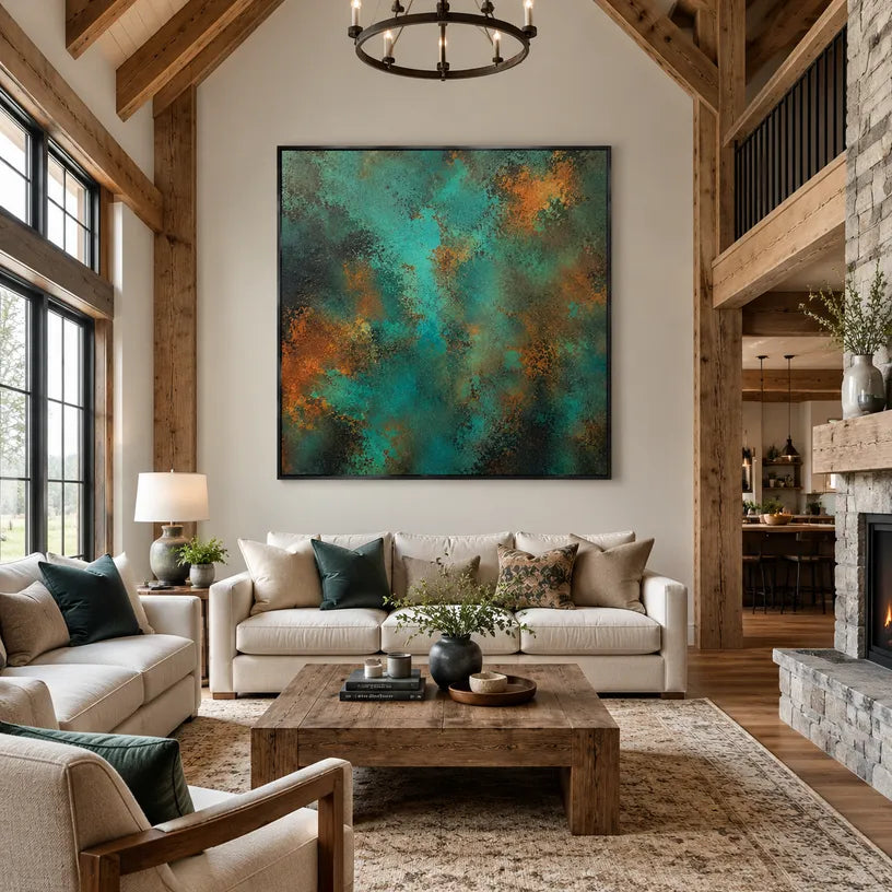 Plaster & Texture abstract oil painting showing layered abstract marks, texture and expressive painterly movement in a green palette.