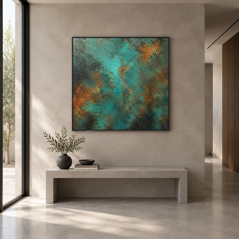 Plaster & Texture abstract oil painting showing layered abstract marks, texture and expressive painterly movement in a green palette.
