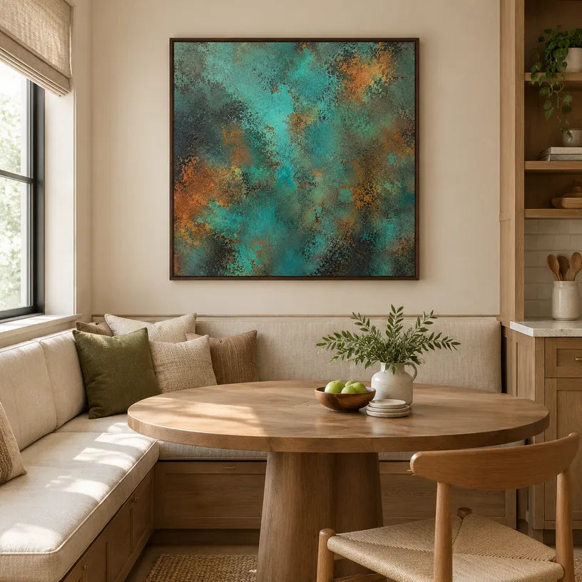 Plaster & Texture abstract oil painting showing layered abstract marks, texture and expressive painterly movement in a green palette.