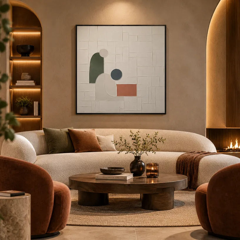 Plaster & Texture abstract oil painting showing layered abstract marks, texture and expressive painterly movement in a brown palette.