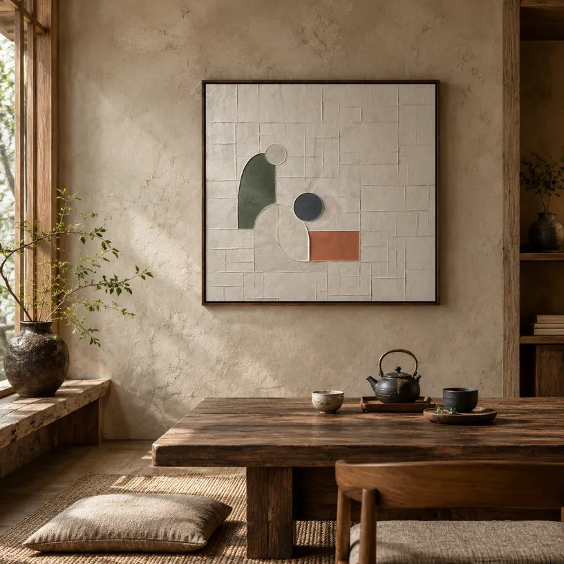 Plaster & Texture abstract oil painting showing layered abstract marks, texture and expressive painterly movement in a brown palette.