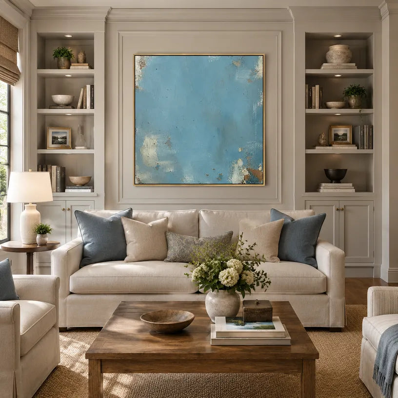 Plaster & Texture abstract oil painting showing layered abstract marks, texture and expressive painterly movement in a blue palette.