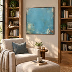 Plaster & Texture abstract oil painting showing layered abstract marks, texture and expressive painterly movement in a blue palette.