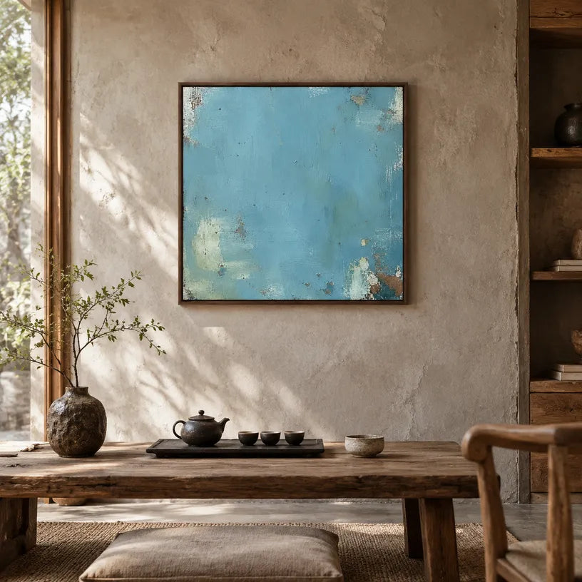Plaster & Texture abstract oil painting showing layered abstract marks, texture and expressive painterly movement in a blue palette.