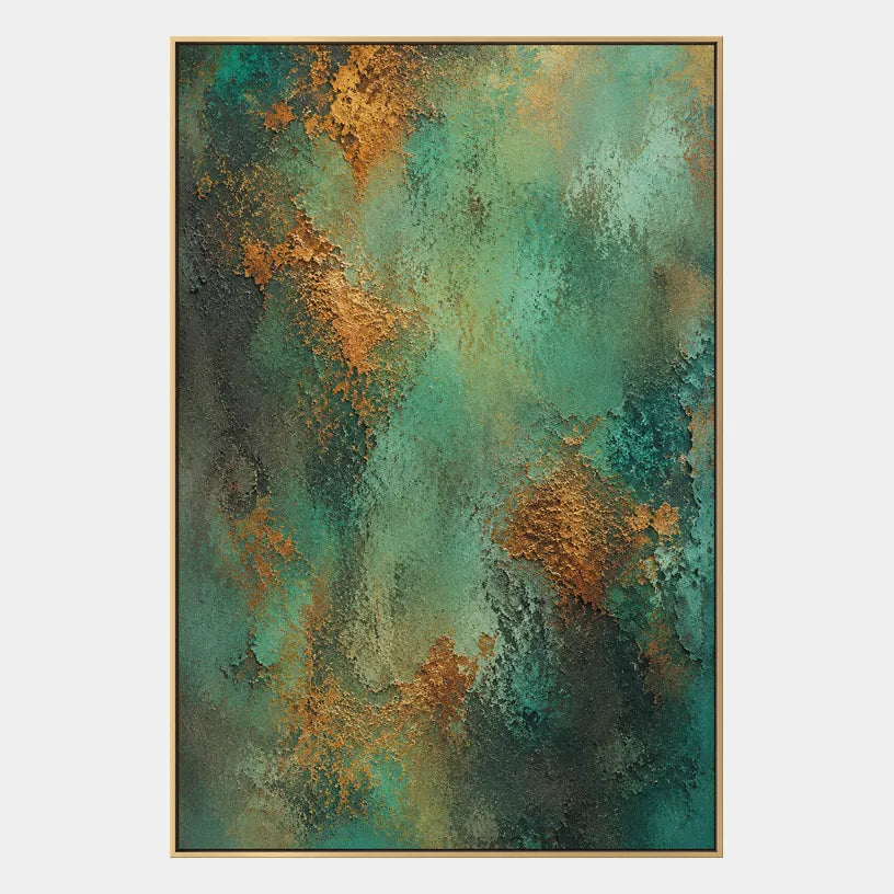 Plaster & Texture abstract oil painting showing layered abstract marks, texture and expressive painterly movement in a green palette.