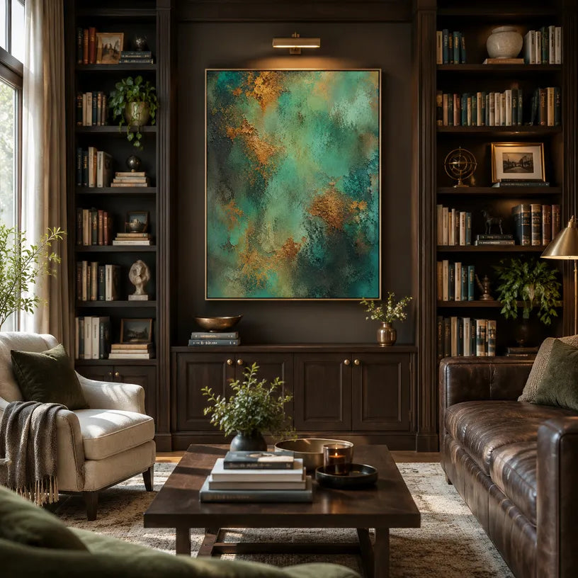 Plaster & Texture abstract oil painting showing layered abstract marks, texture and expressive painterly movement in a green palette.