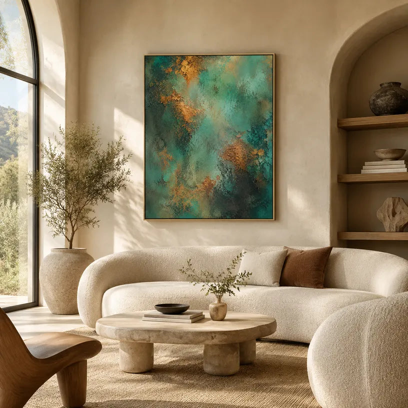 Plaster & Texture abstract oil painting showing layered abstract marks, texture and expressive painterly movement in a green palette.