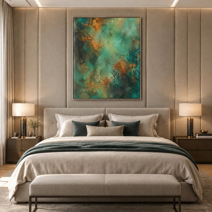 Plaster & Texture abstract oil painting showing layered abstract marks, texture and expressive painterly movement in a green palette.