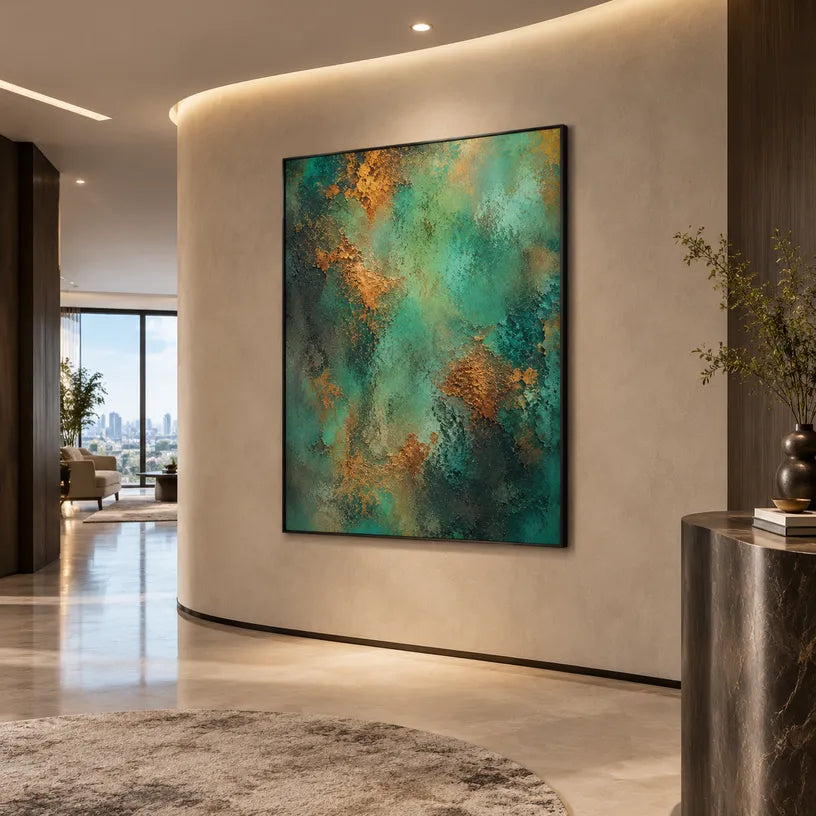Plaster & Texture abstract oil painting showing layered abstract marks, texture and expressive painterly movement in a green palette.