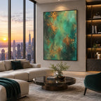 Plaster & Texture abstract oil painting showing layered abstract marks, texture and expressive painterly movement in a green palette.