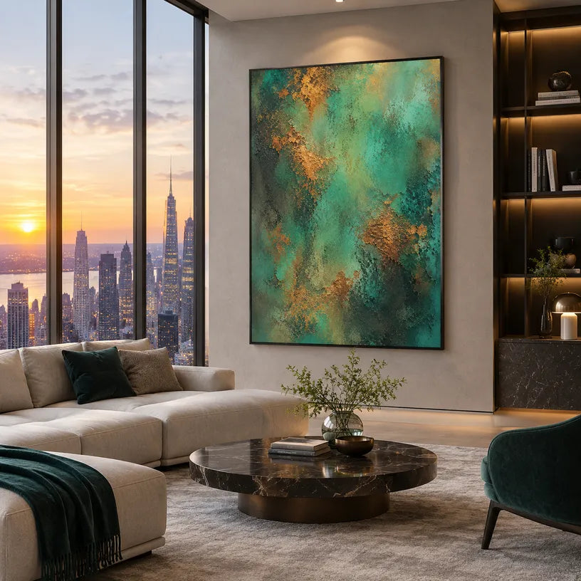 Plaster & Texture abstract oil painting showing layered abstract marks, texture and expressive painterly movement in a green palette.