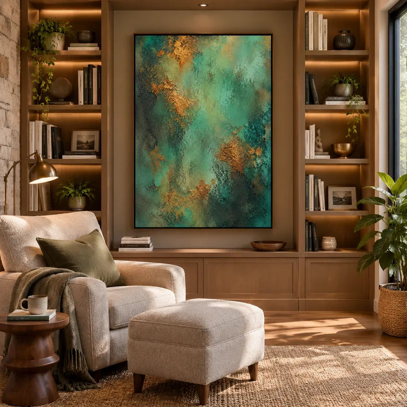 Plaster & Texture abstract oil painting showing layered abstract marks, texture and expressive painterly movement in a green palette.