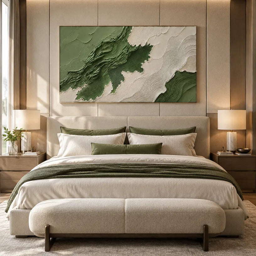 Plaster & Texture abstract oil painting showing layered abstract marks, texture and expressive painterly movement in a green palette.
